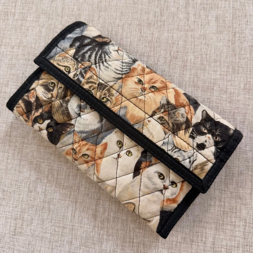 Vintage Cat quilted novelty wallet organizer pen holder multiple pouch pockets